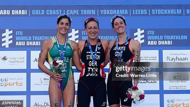 Ashley Gentle of Australia , Jodie Stimpson of Great Britain and Helen Jenkins of Great Britain celebrate on the podium after the Elite Women's 2016...