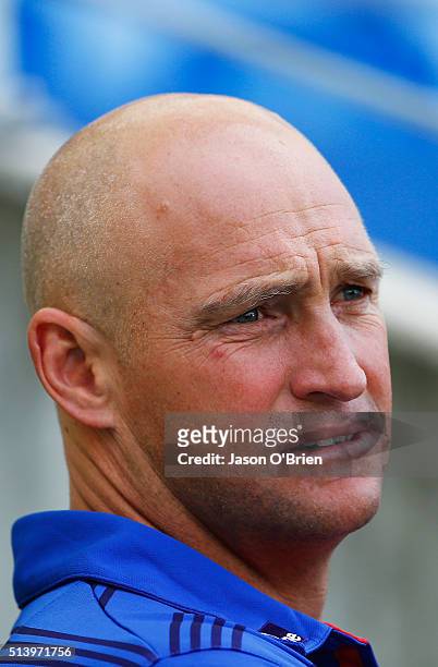 Knights coach Nathan Brown looks on prior to kick off during the round one NRL match between the Gold Coast Titans and the Newcastle Knights at Cbus...