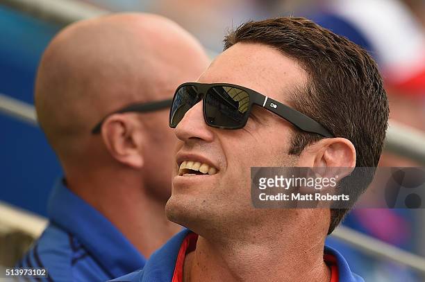 Knights assistant coach Danny Buderus looks on before the round one NRL match between the Gold Coast Titans and the Newcastle Knights at Cbus Super...