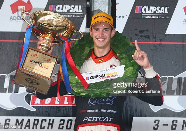 Nick Percat driver of the Lucas Dumbrell Motorsport Holden celebrates after winning race three of the V8 Supercars Clipsal 500 at Adelaide Street...