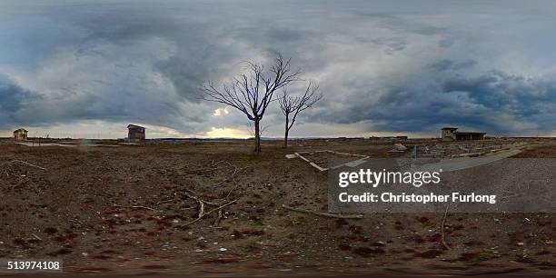 Degree view of the tsunami razed landscaped now evacuated of residents since the Fukishima nuclear disaster on February 26, 2016 in Namie, Fukushima,...