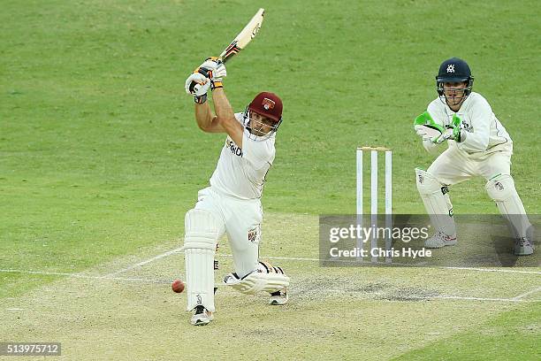 Chris Hartley of Queensland bats during day two of the Sheffield Shield match between Queensland and Victoria at The Gabba on March 6, 2016 in...