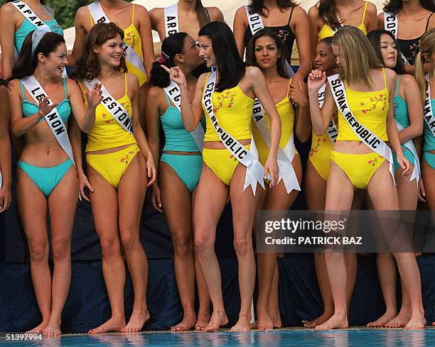 Miss Lebanon 2000, Morma Naoum and Miss Estonia 2000, Evelyn Mikomagi joke with Miss Czech Republic 2000, Jikta Kocurova as they get ready, 26 April...