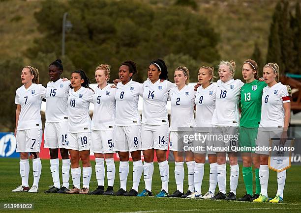 The England team sing the national anthem prior to the women's U19 international friendly match between England U19 and USA U19 at La Manga Club on...