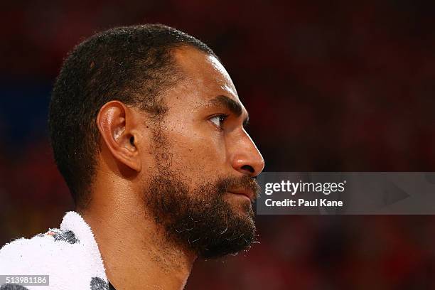 Mika Vukona of the Breakers looks on from the bench in the final quarter during game three of the NBL Grand Final series between the Perth Wildcats...