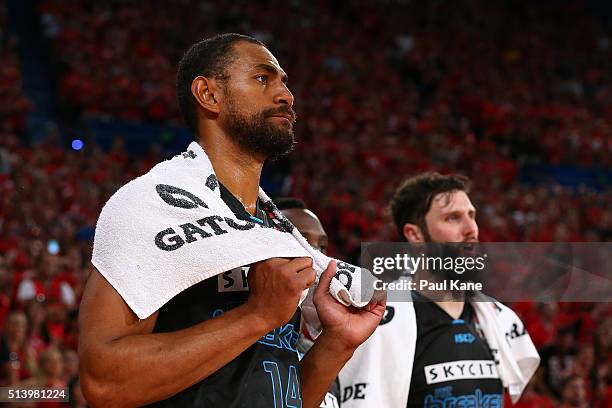 Mika Vukona and Alex Pledger of the Breakers look on from the bench in the final quarter during game three of the NBL Grand Final series between the...