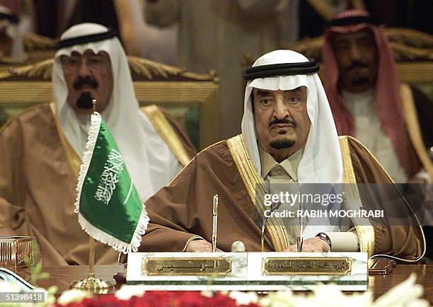 King Fahd Bin Abdel Aziz and Crown prince Abdullah Bin Abdel Aziz attend the closing session of Gulf Cooperation Council summit in Riyadh 29 November...