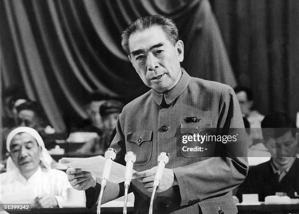 Zhu Enlai , one of the leaders of the Chinese Communist Party , and Prime Minister of China from its inception in 1949 until his death, addresses the...