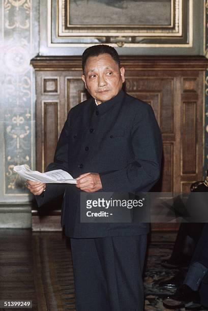 Chinese modernizer and paramount leader Deng Xiaoping addresses officials 16 May 1975 in Paris during his official visit to France.