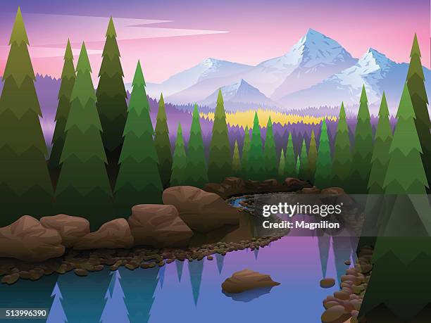 beautiful landscape with trees and mountains - mt dew stock illustrations