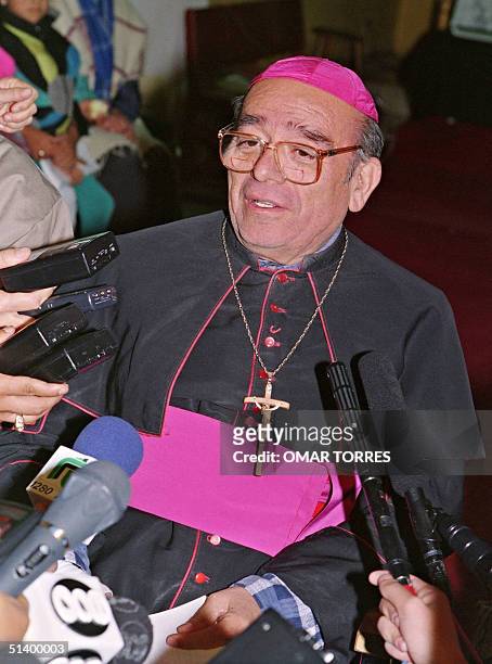 Samuel Ruiz, the Roman Catholic Bishop of San Cristobal de las Casas, talks to journalists at a press conference in San Cristobal, 23 December 1994...