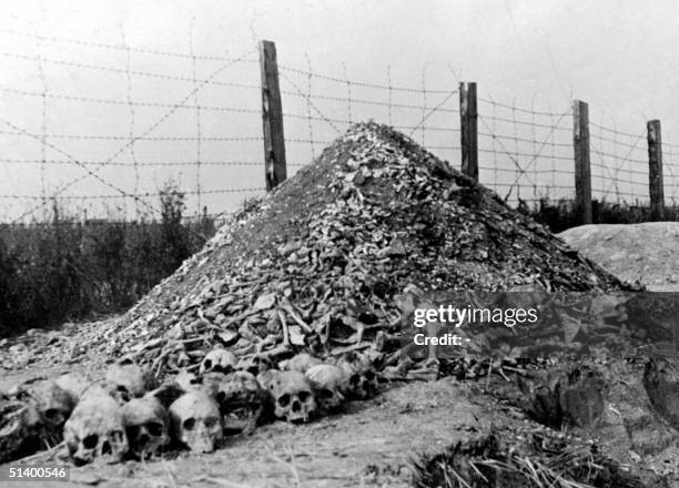 Pile of human bones and skulls is seen in 1944 at the Nazi concentration camp of Majdanek in the outskirts of Lublin, the second largest death camp...