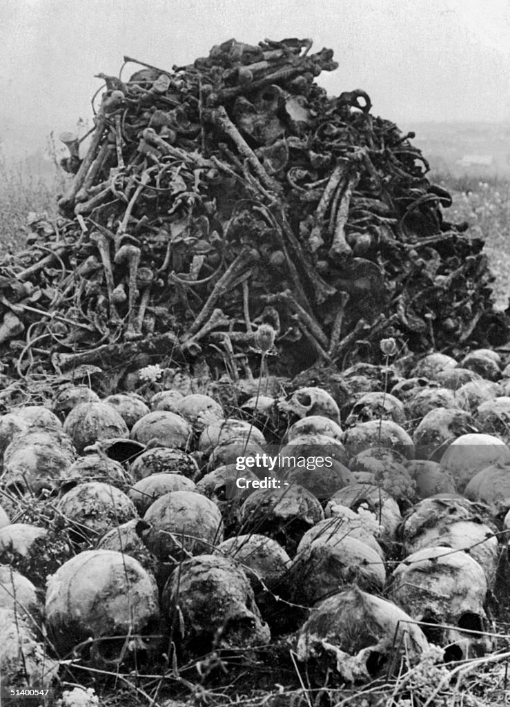 A pile of human bones and skulls is seen in 1944 a