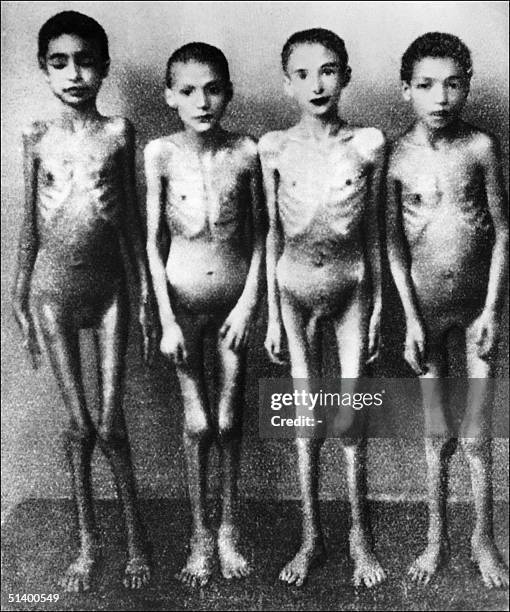 Children prisoners of the Nazi concentration camp of Auschwitz in Poland are photographed in the 1940s by camp investigation services on orders of...