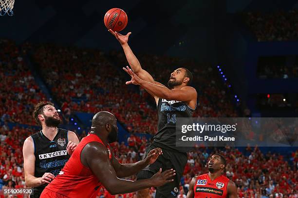 Mika Vukona of the Breakers lays upduring game three of the NBL Grand Final series between the Perth Wildcats and the New Zealand Breakers at Perth...