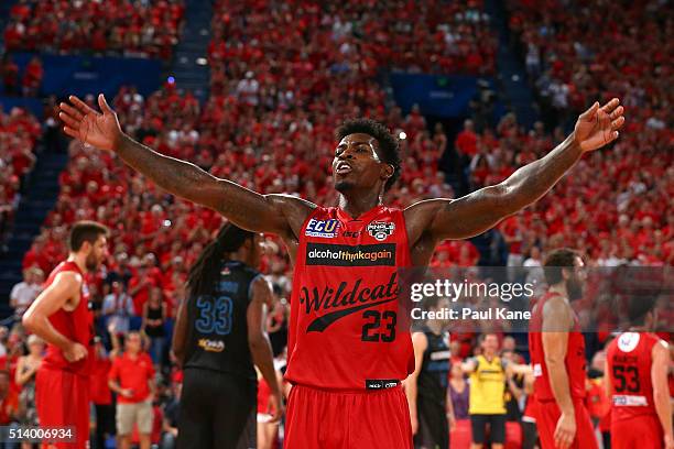 Casey Prather of the Wildcats acknowledges the crowd after being substituted out of the game during game three of the NBL Grand Final series between...