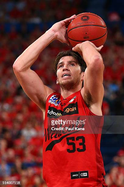 Damian Martin of the Wildcats shoots a free throw during game three of the NBL Grand Final series between the Perth Wildcats and the New Zealand...