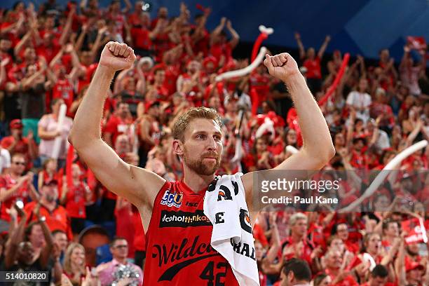 Shawn Redhage of the Wildcats celebrates a basket during game three of the NBL Grand Final series between the Perth Wildcats and the New Zealand...