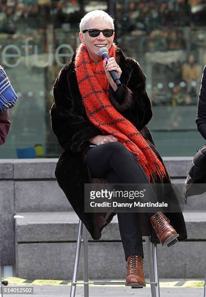 Annie Lennox speak to activists, politicians and 21 century suffragettes to 'Walk In Her Shoes' on March 6, 2016 in London, England.
