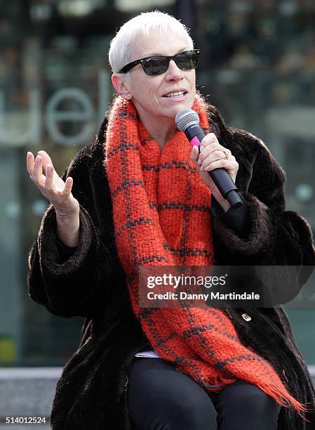 Annie Lennox speak to activists, politicians and 21 century suffragettes to 'Walk In Her Shoes' on March 6, 2016 in London, England.