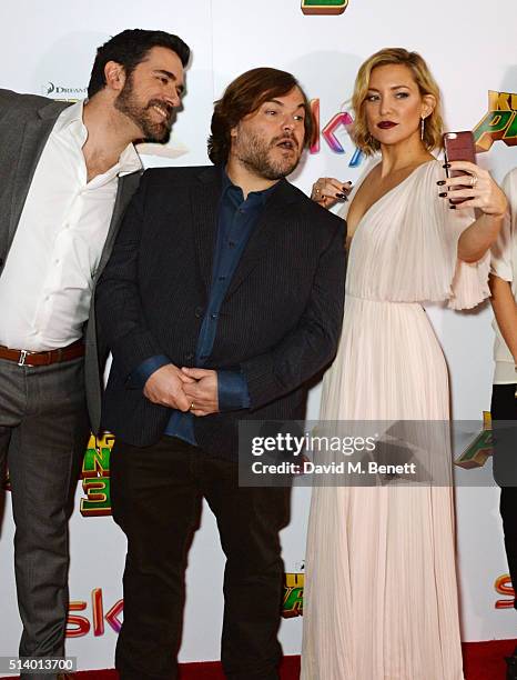 Co-Director Alessandro Carloni, Jack Black and Kate Hudson take a selfie at the European Premiere of "Kung Fu Panda 3" at Odeon Leicester Square on...