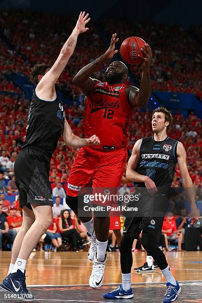 Nate Jawai of the Wildcats puts up a shot during game three of the NBL Grand Final series between the Perth Wildcats and the New Zealand Breakers at...