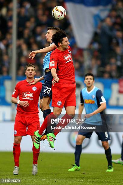 Janik Haberer of Bochum and Stephan Salger of Bielefeld go up for a header during the 2. Bundesliga match between VfL Bochum and Arminia Bielefeld at...