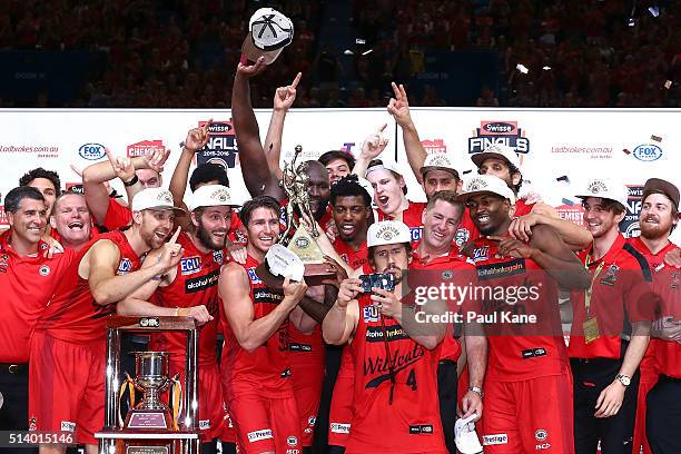 Greg Hire of the Wildcats takes a selfie with his team after winning the championship during game three of the NBL Grand Final series between the...