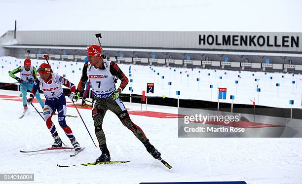 Arnd Peiffer of Germany competes in the men's 12.5km pursuit during day four of the IBU Biathlon World Championships at Holmenkollen on March 6, 2016...