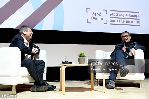 Richard Peña moderates a Qumra Master Class with acclaimed Palme dOr winning Turkish filmmaker Nuri Bilge Ceylan at the Museum of Islamic Art on day...