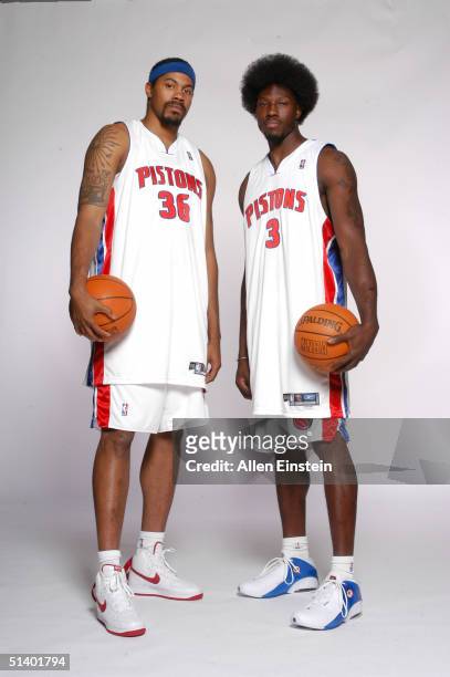 Rasheed Wallace and Ben Wallace of the Detroit Pistons pose for a portrait during NBA Media Day on October 4, 2004 in Auburn Hills, Michigan. NOTE TO...