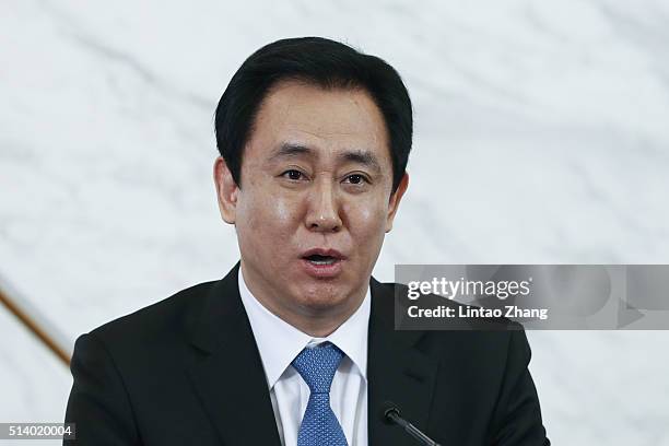 Xu Jiayin, Standing Committee Member of the 12th CPPCC National Committee and Chairman of the Board of EVERGRANDE Group speaks during a news...