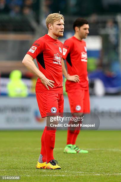 Andreas Voglsammer and Stephan Salger of Bielefeld look dejected after the 2. Bundesliga match between VfL Bochum and Arminia Bielefeld at Rewirpower...