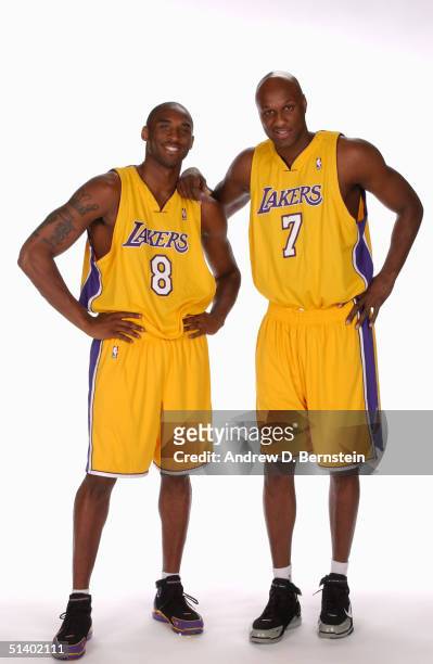 Kobe Bryant and Lamar Odom of the Los Angeles Lakers pose for a portrait during NBA Media Day on October 4, 2004 in Los Angeles, California. NOTE TO...