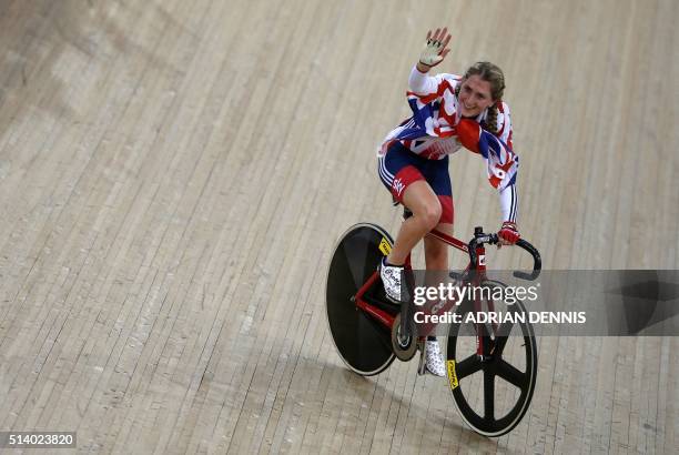 Britain's Laura Trott celebrates after winning the Women's Omnium during the 2016 Track Cycling World Championships at the Lee Valley VeloPark in...