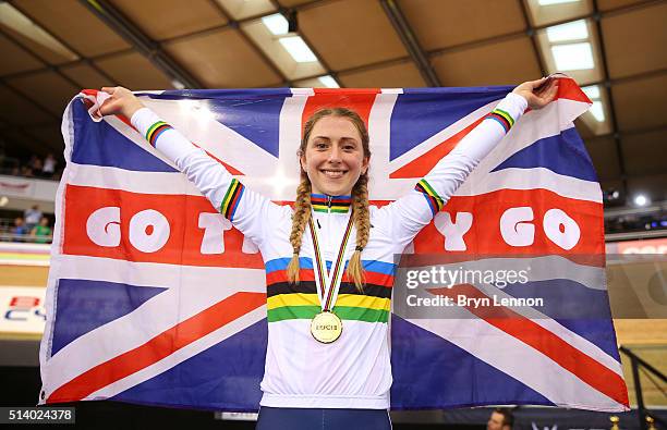 Laura Trott of Great Britain celebrates after winning the Women's Omnium during Day Five of the UCI Track Cycling World Championships at Lee Valley...
