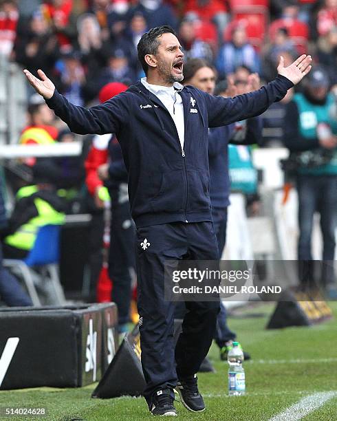 Darmstadt's coach Dirk Schuster reacts during the German first division Bundesliga football match of FSV Mainz 05 v SV Darmstadt 98 in Mainz, on...