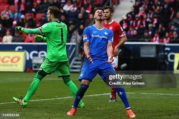 Sandro Wagner of Darmstadt reacts during the Bundesliga match between 1. FSV Mainz 05 and SV Darmstadt 98 at Coface Arena on March 6, 2016 in Mainz,...