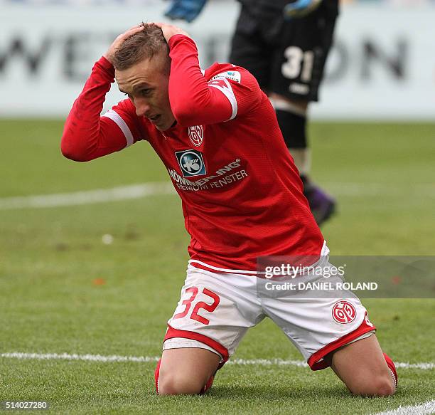 Mainz' Argentinean striker Pablo De Blasis reacts during the German first division Bundesliga football match of FSV Mainz 05 v SV Darmstadt 98 in...