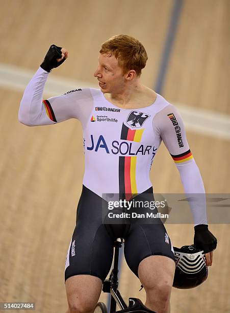 Joachim Eilers of Germany celebrates after winning the Men's Keirin Final during Day Five of the UCI Track Cycling World Championships at Lee Valley...