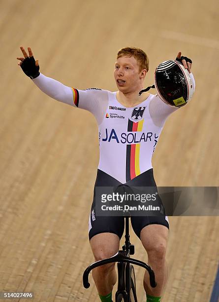Joachim Eilers of Germany celebrates after winning the Men's Keirin Final during Day Five of the UCI Track Cycling World Championships at Lee Valley...