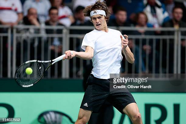 Alexander Zverev of Germany plays a forehand in his match against Lukas Rosol of Czech Republic during Day 3 of the Davis Cup World Group first round...