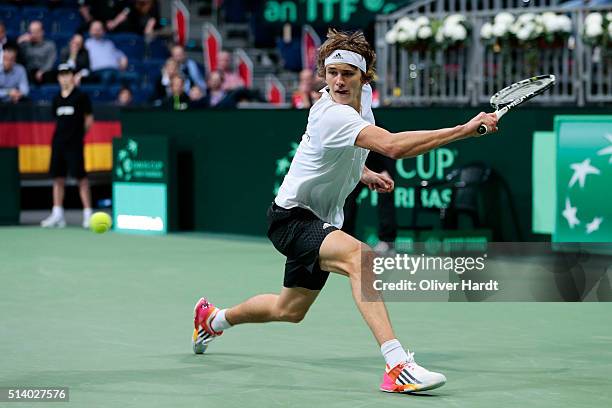 Alexander Zverev of Germany in action in his match against Lukas Rosol of Czech Republic during Day 3 of the Davis Cup World Group first round...
