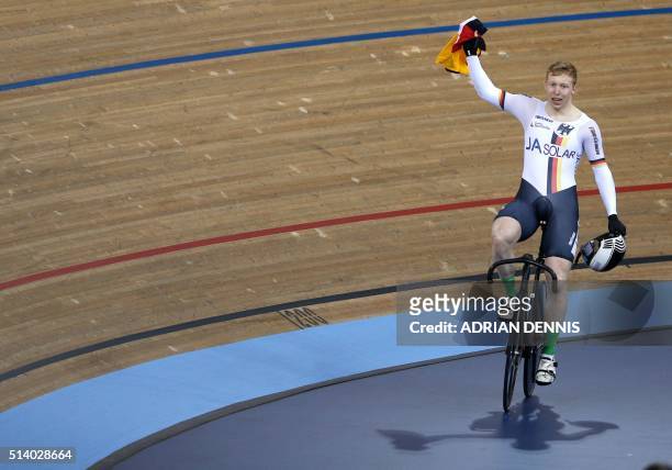 Germany's Joachim Eilers wins the Men's Keirin final during the 2016 Track Cycling World Championships at the Lee Valley VeloPark in London on March...