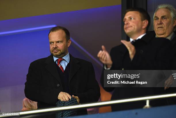 Manchester United Chief Executive Ed Woodward and Gerry Francis attend the Barclays Premier League match between West Bromwich Albion and Manchester...