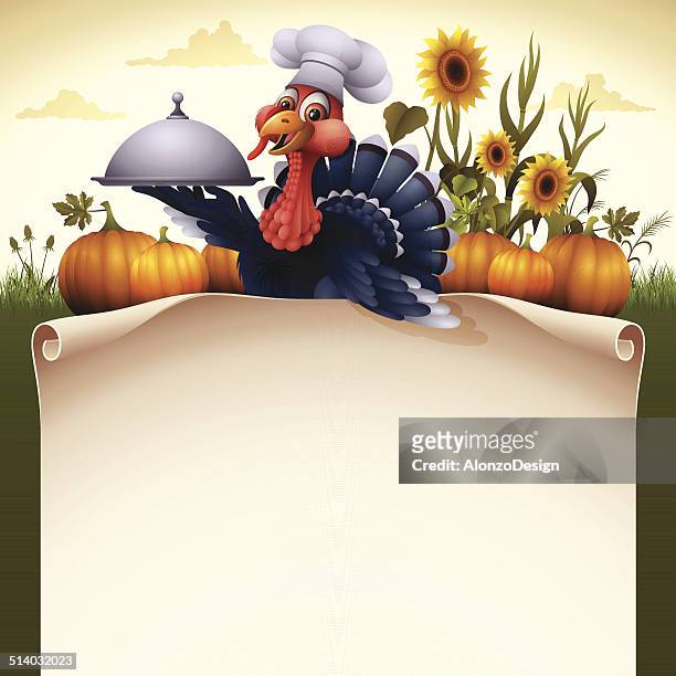 chef turkey with scroll sign - bird chefs hat stock illustrations
