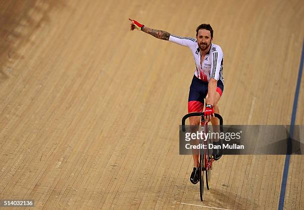 Sir Bradley Wiggins of Great Britain celebrates winning the Mens Madison Final during Day Five of the UCI Track Cycling World Championships at Lee...