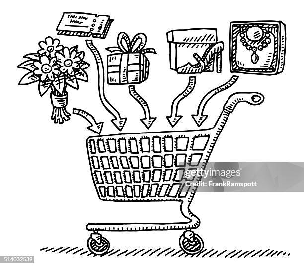 shopping cart adding products drawing - shoe inserts stock illustrations