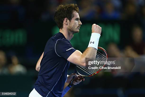 Andy Murray of Great Britain celebrates during the singles match against Kei Nishikori of Japan on day three of the Davis Cup World Group first round...