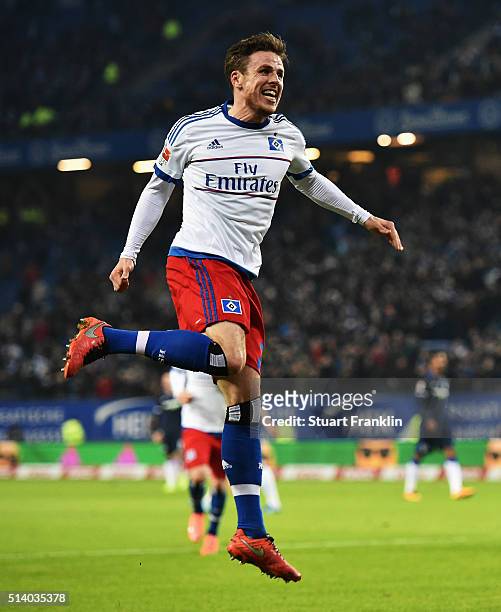 Nicolai Müller of Hamburg celebrates scoring his second goal during the Bundesliga match between Hamburger SV and Hertha BSC at Volksparkstadion on...